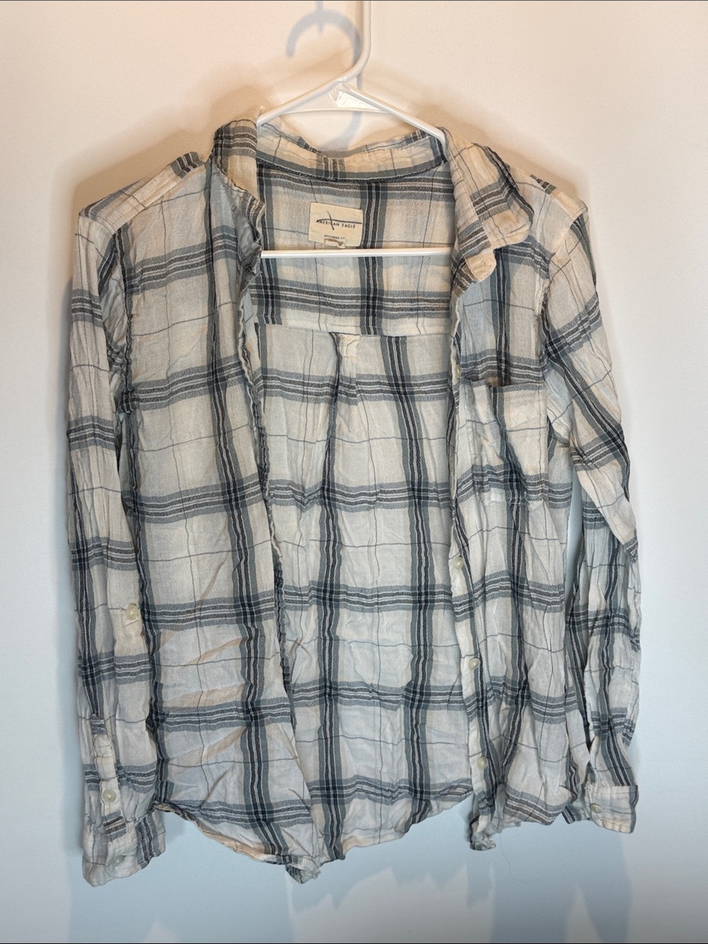 American Eagle Boyfriend Fit White & Gray Plaid Women's Button Down Shirt Size:M